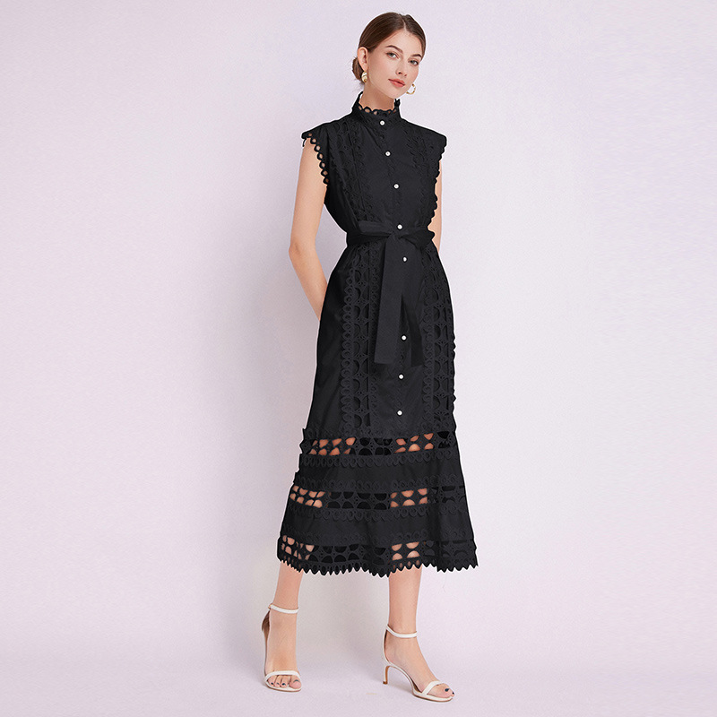 New Summer Women's Palace Style Dress – Hollow Lace, Stand Collar, Slim Fit, A-Line Long Skirt