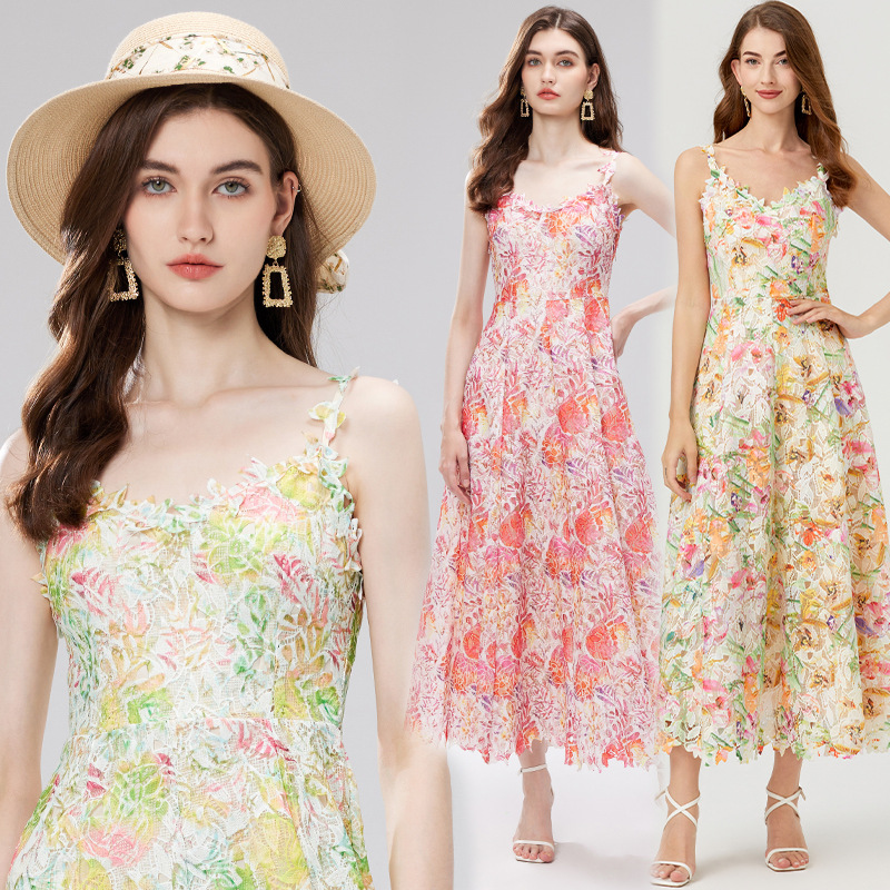 New Summer Women's Dress – Colorful 3D Floral Embroidery, Hollow Out Design, Water-Soluble Lace Skirt