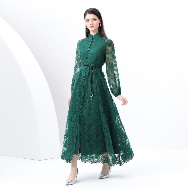 New Early Spring Women's Palace Style Dress – Embroidered Long Dress with Stand Collar