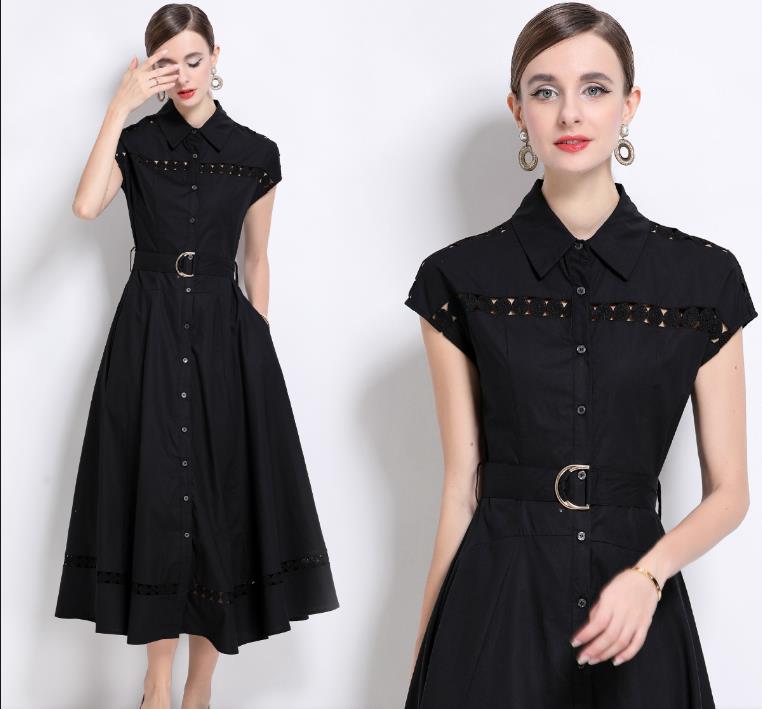 Elegant Hollow Lace Long Dress for Women – Slim Fit with Belt