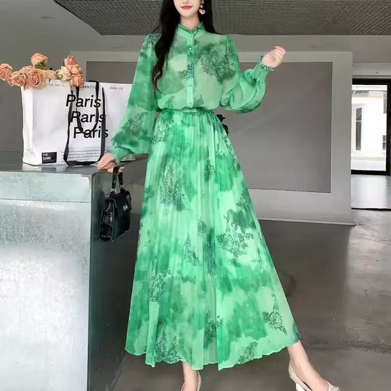 Elegant Two-Piece Set for Women – French Style with Bow-Tie Printed Lantern Sleeve Blouse and Flowing Draped Skirt
