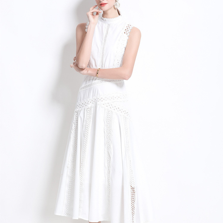 Mage High-Grade Hollow Lace Spliced Sleeveless Summer Dress – Slim Fit, Elegant Long Skirt for Women