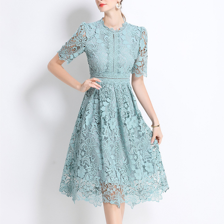 Women's Elegant Slim Hollow Lace Midi Dress – Short Sleeve, Water-Soluble Lace