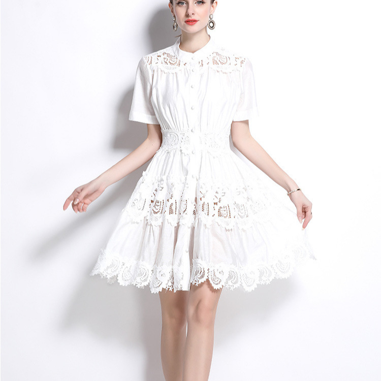 Summer High-Grade Lace Patchwork Slim Waist Dress – Short-Sleeved, French Niche Style for Women