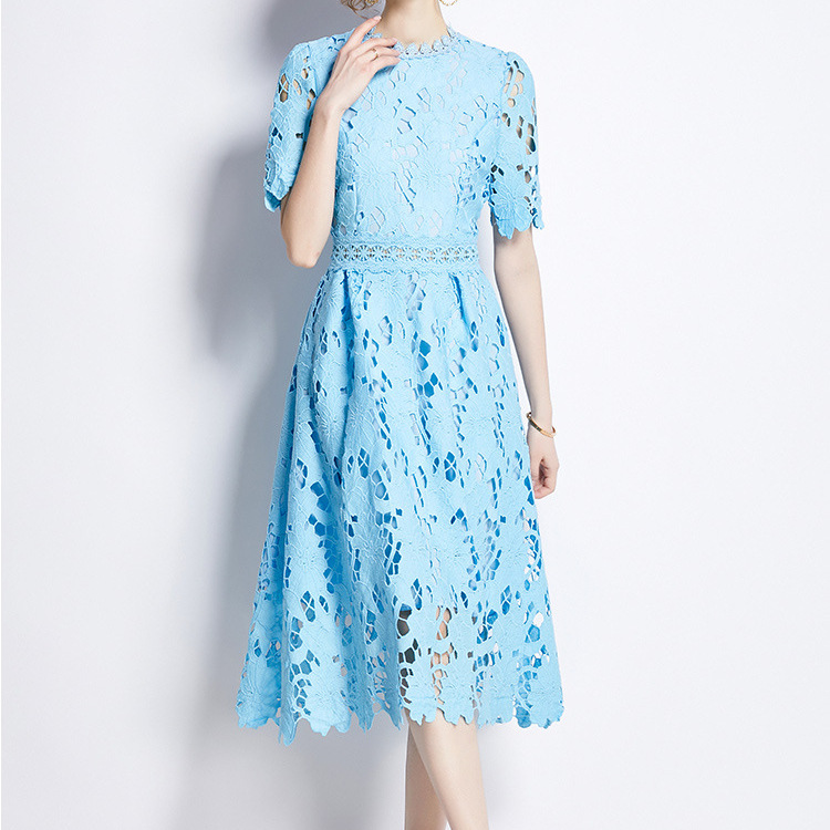 women's heavy water-soluble lace hollow quality medium-length solid color dress