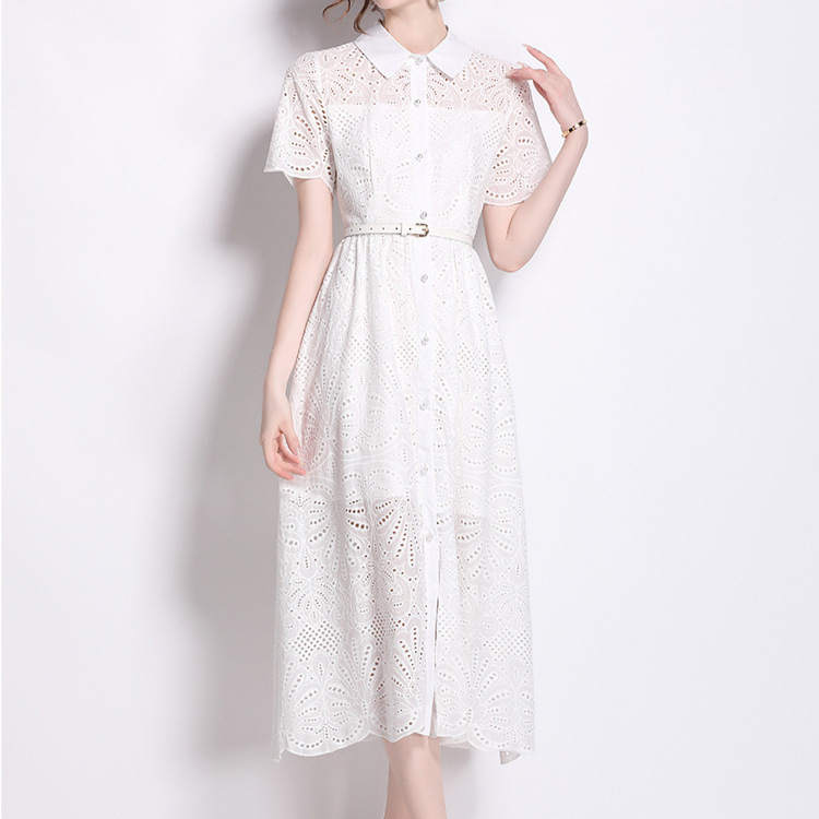 Retro Elegant Summer Dress for Women – High-Grade Lapel, Slim Fit, Waist-Length with Hollow Embroidery
