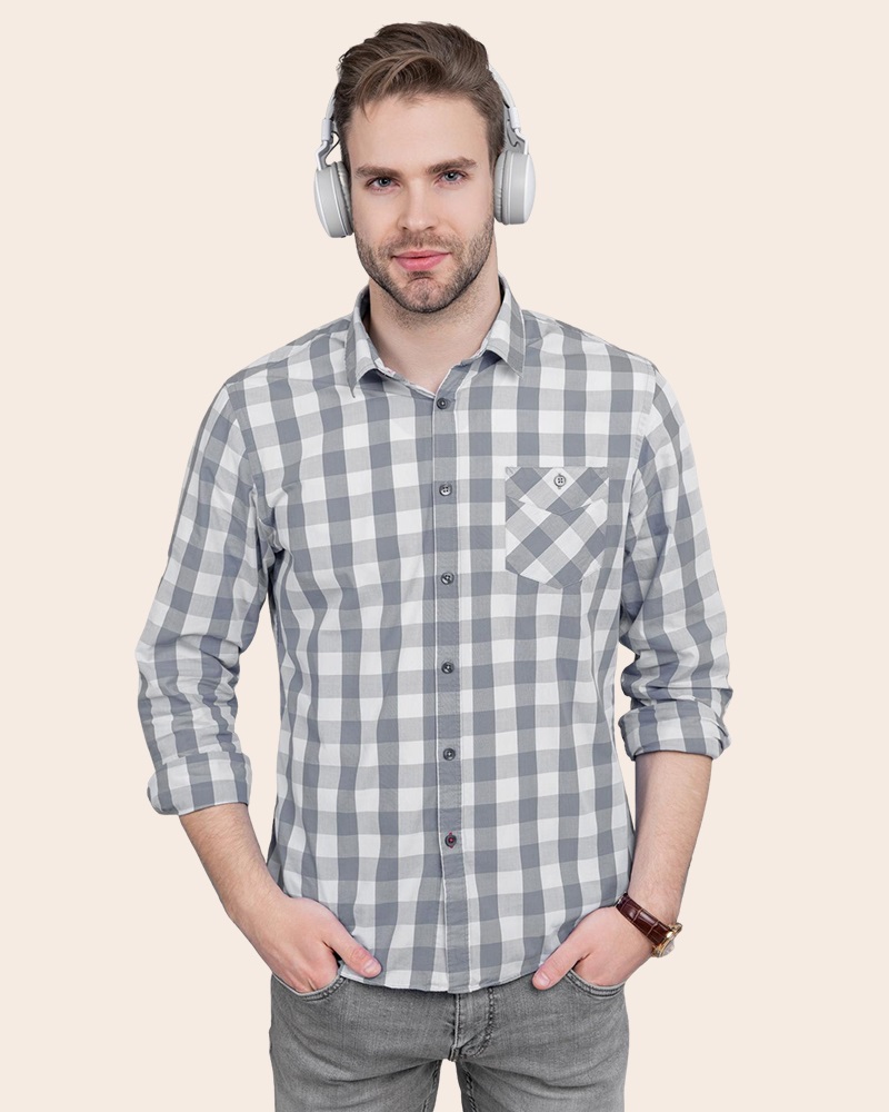 Men's Cotton Linen Grey Checks Slim Fit Full Sleeve Casual Shirt