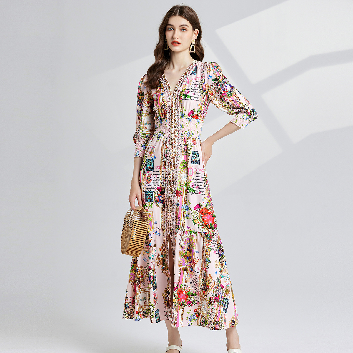 New Summer Retro Print Dress for Women – V-Neck, Slim Fit, High Waist, A-Line Swing Skirt
