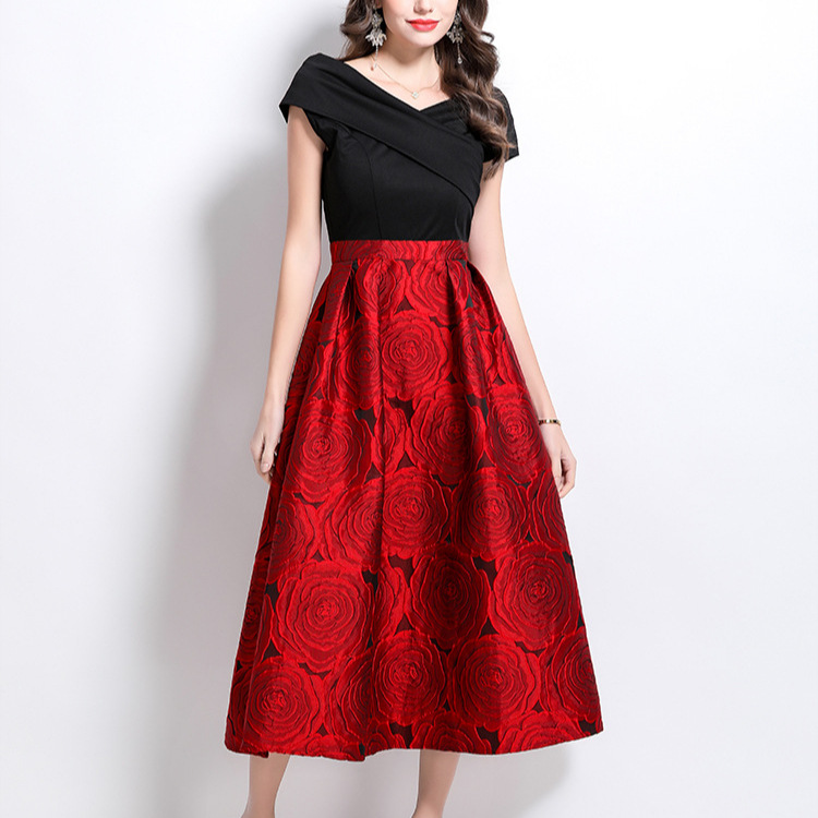 New High-End Women's Dress – One-Shoulder Design, Jacquard Stitching, Fitted Waist, and Puffy Big Swing Skirt