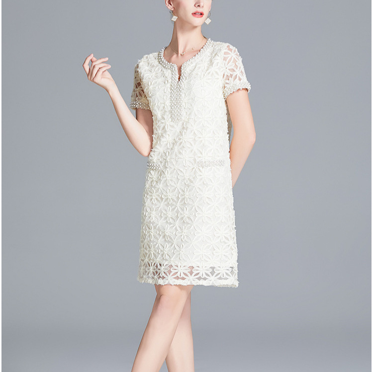 Women's French-Inspired Beaded Lace Dress – Summer Short Sleeve, Slim High Waist, Chic Short Skirt